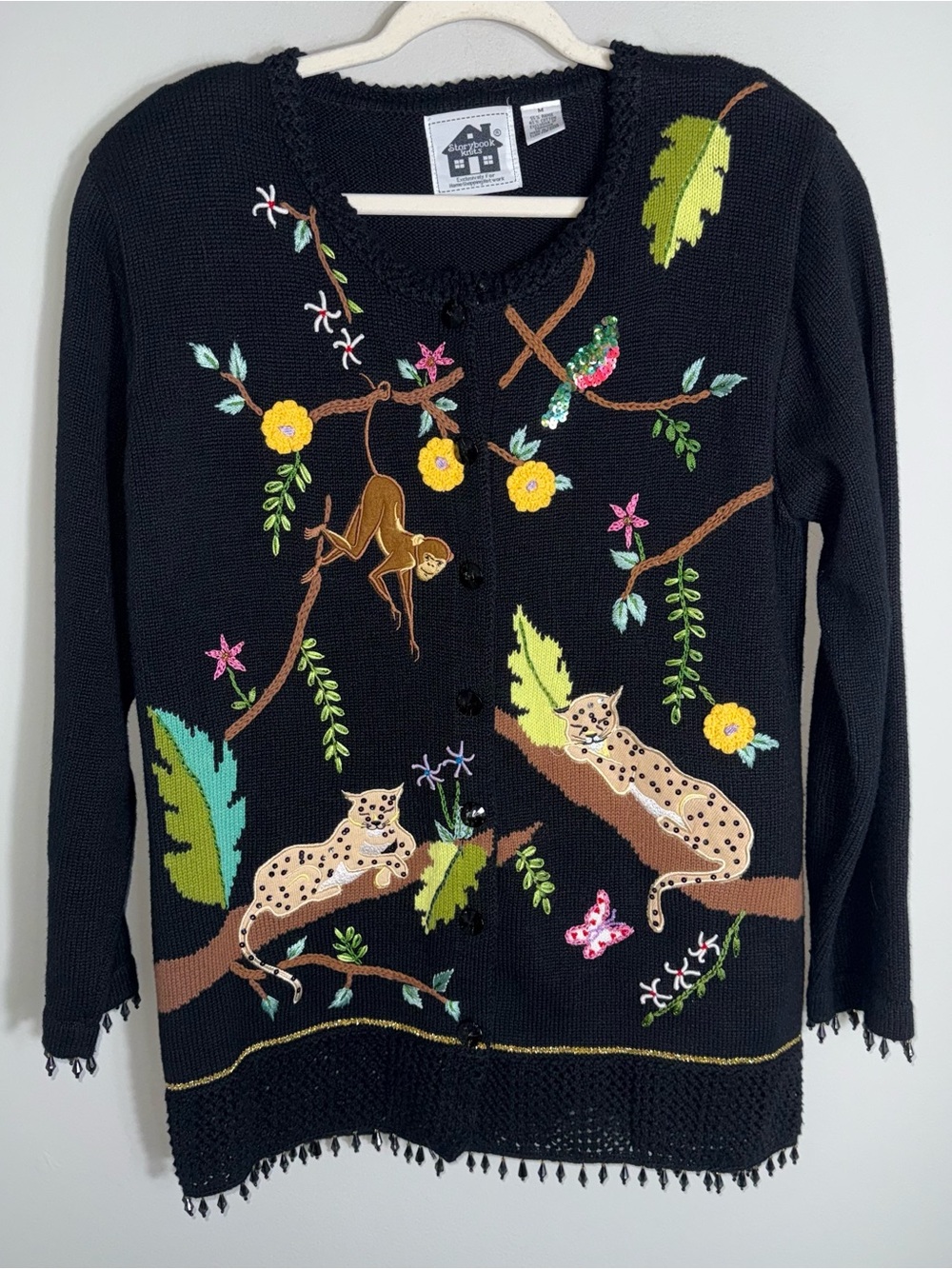Storybook Knits Vintage Cardigan Sweater-Jungle Animals-Black-Size Medium